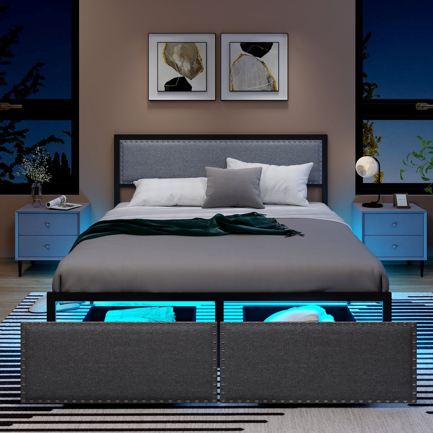 Full/Queen/Twin Size Bed Frame with LED Lights Drawer and Metal Slats-Queen Size Kids Crystal