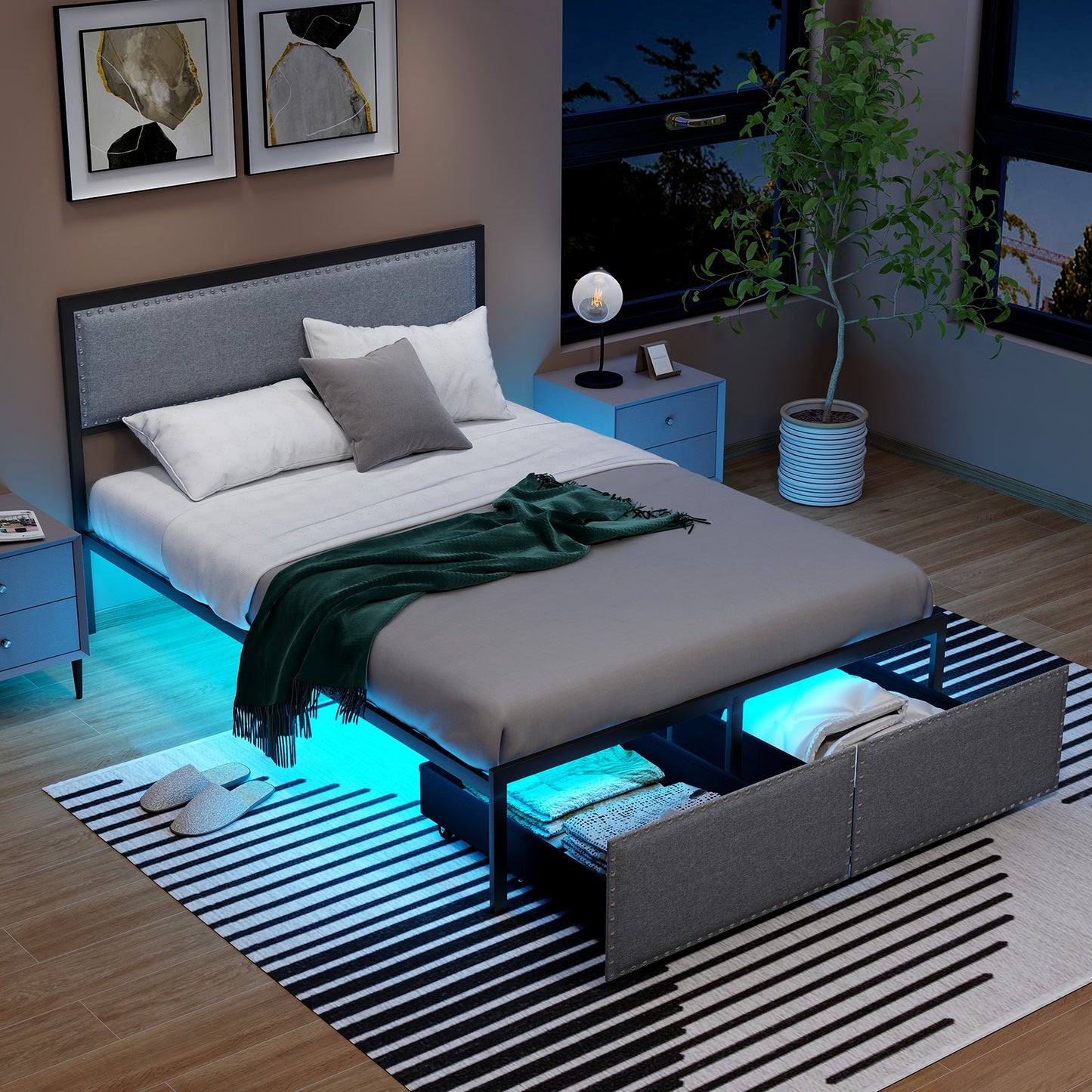 Full/Queen/Twin Size Bed Frame with LED Lights Drawer and Metal Slats-Full Size Kids Crystal