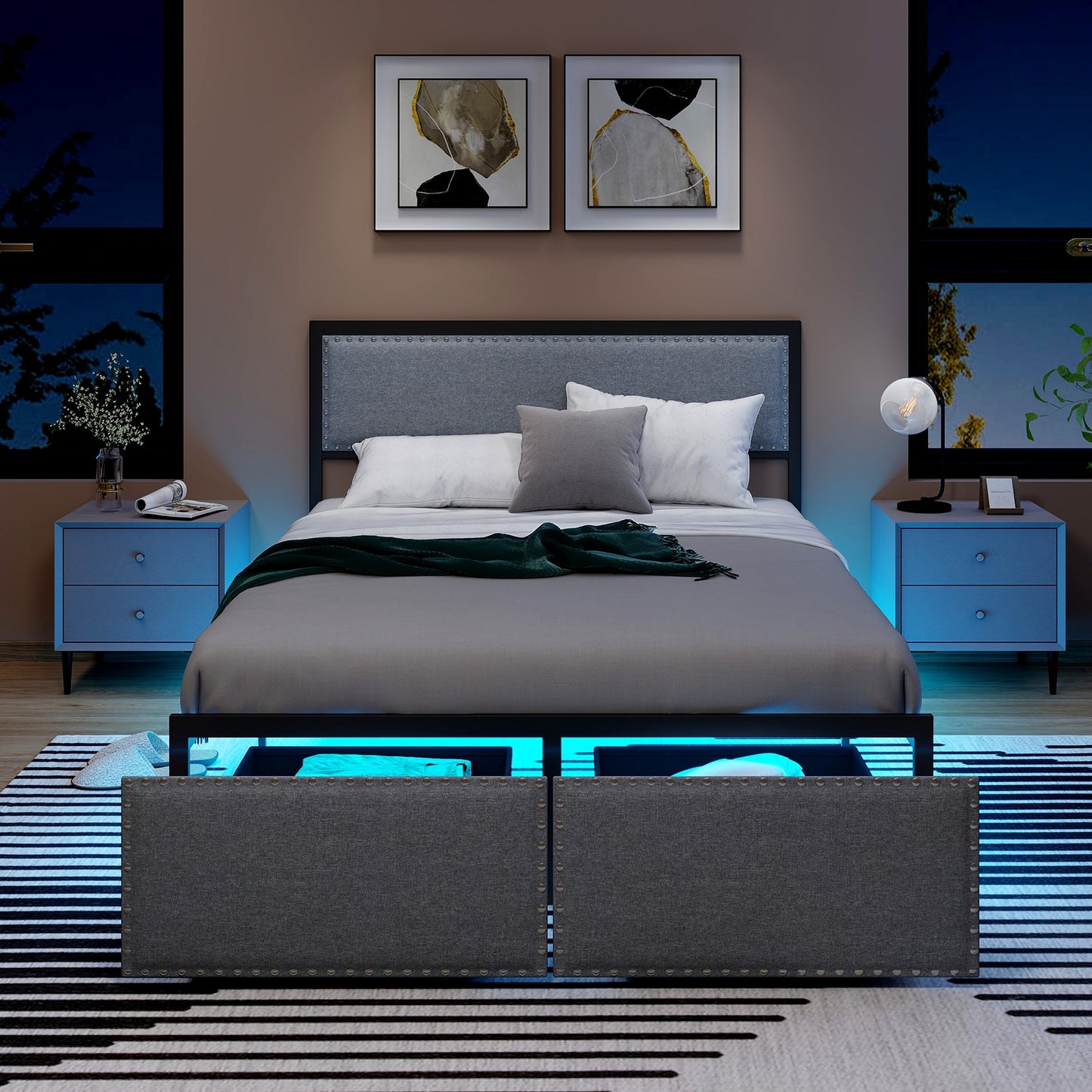 Full/Queen/Twin Size Bed Frame with LED Lights Drawer and Metal Slats-Full Size Kids Crystal