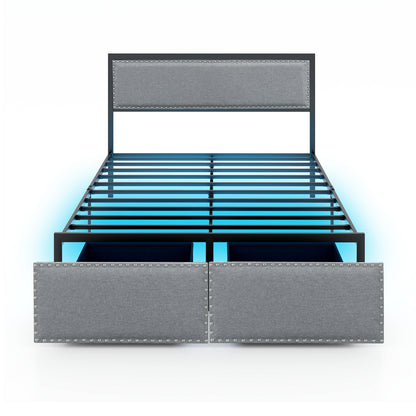 Full/Queen/Twin Size Bed Frame with LED Lights Drawer and Metal Slats-Full Size