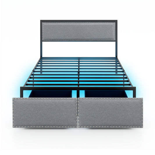 Full/Queen/Twin Size Bed Frame with LED Lights Drawer and Metal Slats-Full Size Kids Crystal