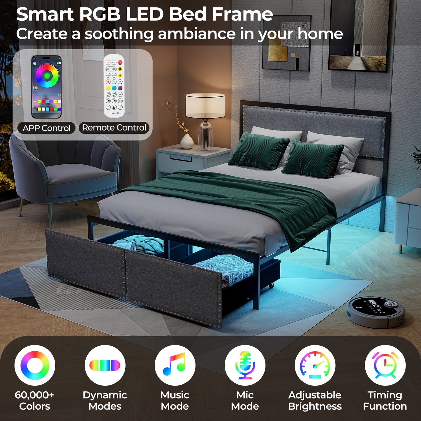 Full/Queen/Twin Size Bed Frame with LED Lights Drawer and Metal Slats-Full Size Kids Crystal