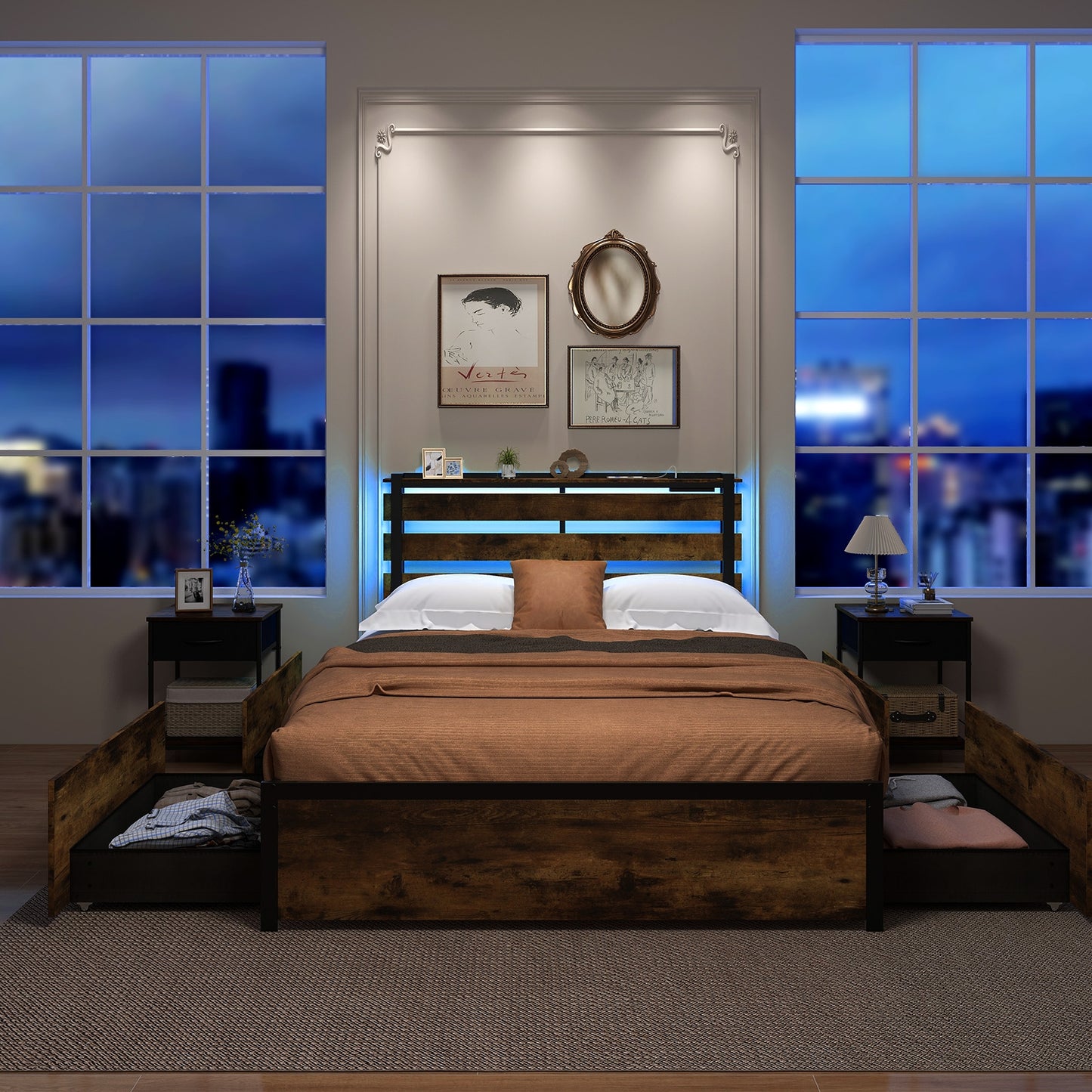 Full/Queen/Twin Size Bed Frame with Drawers LED Lights and USB Ports-Full Size Kids Crystal