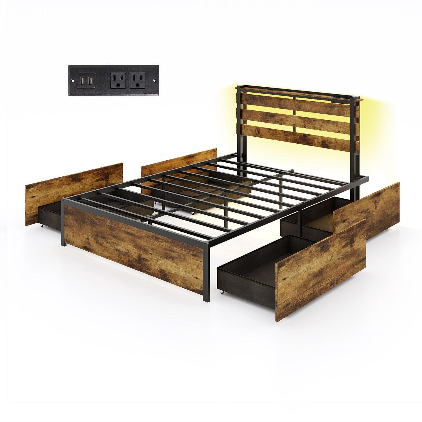 Full/Queen/Twin Size Bed Frame with Drawers LED Lights and USB Ports-Full Size Kids Crystal