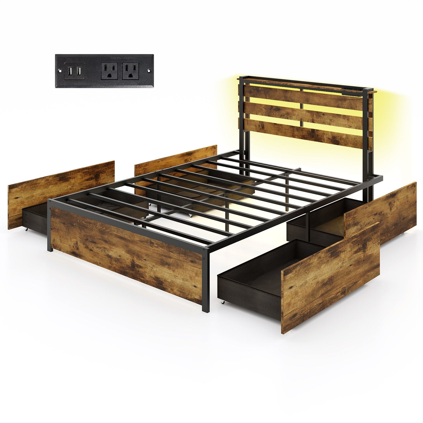 Full/Queen/Twin Size Bed Frame with Drawers LED Lights and USB Ports-Full Size Kids Crystal