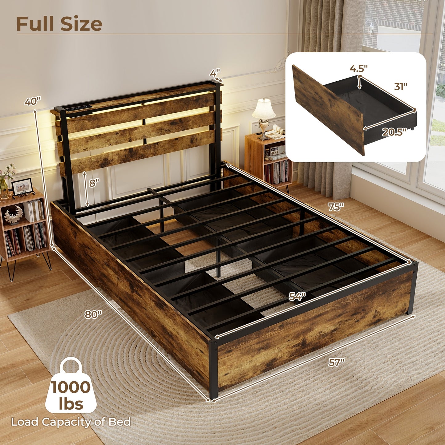 Full/Queen/Twin Size Bed Frame with Drawers LED Lights and USB Ports-Full Size Kids Crystal