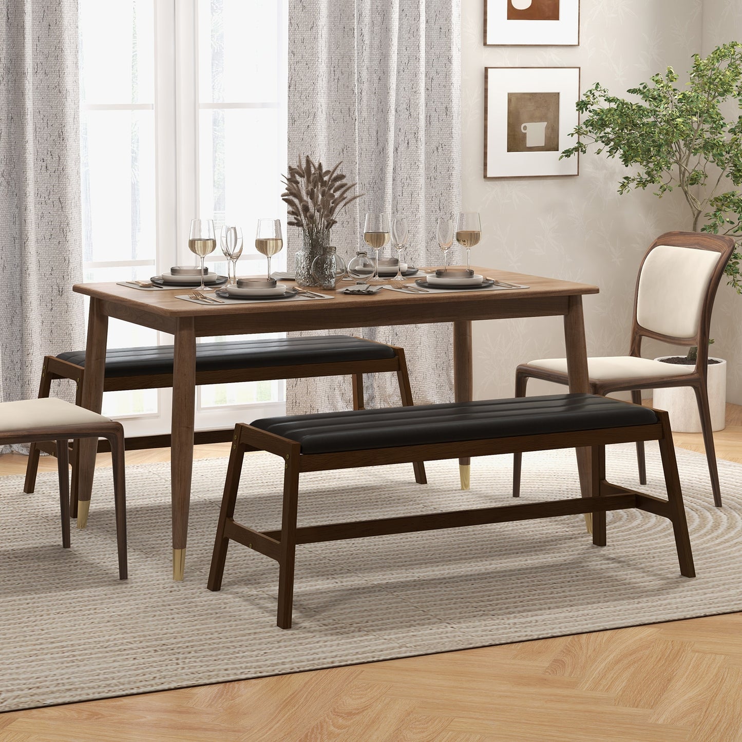 50 Inch Long Solid Wood Dining Bench Upholstered Table Bench with Faux Leather Padded Seat-Walnut Kids Crystal
