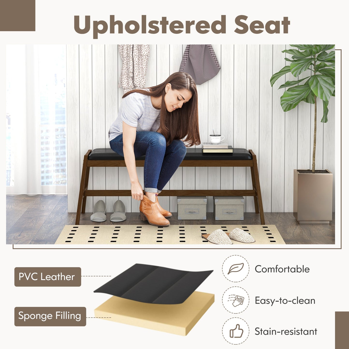 50 Inch Long Solid Wood Dining Bench Upholstered Table Bench with Faux Leather Padded Seat-Walnut Kids Crystal
