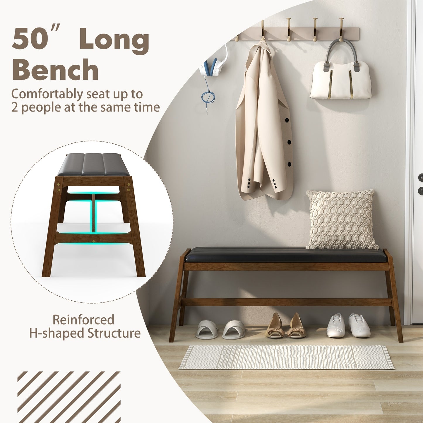 50 Inch Long Solid Wood Dining Bench Upholstered Table Bench with Faux Leather Padded Seat-Walnut Kids Crystal