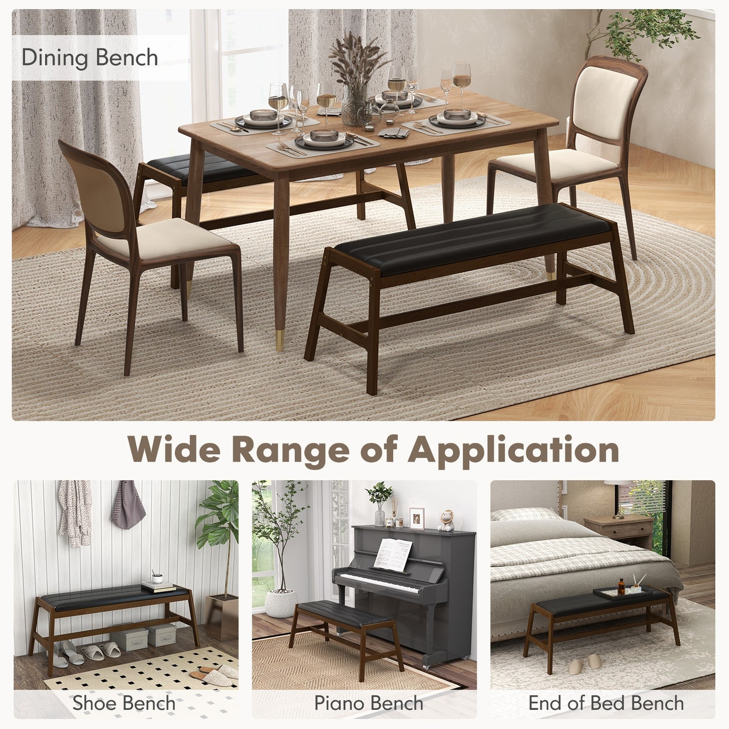 50 Inch Long Solid Wood Dining Bench Upholstered Table Bench with Faux Leather Padded Seat-Walnut Kids Crystal