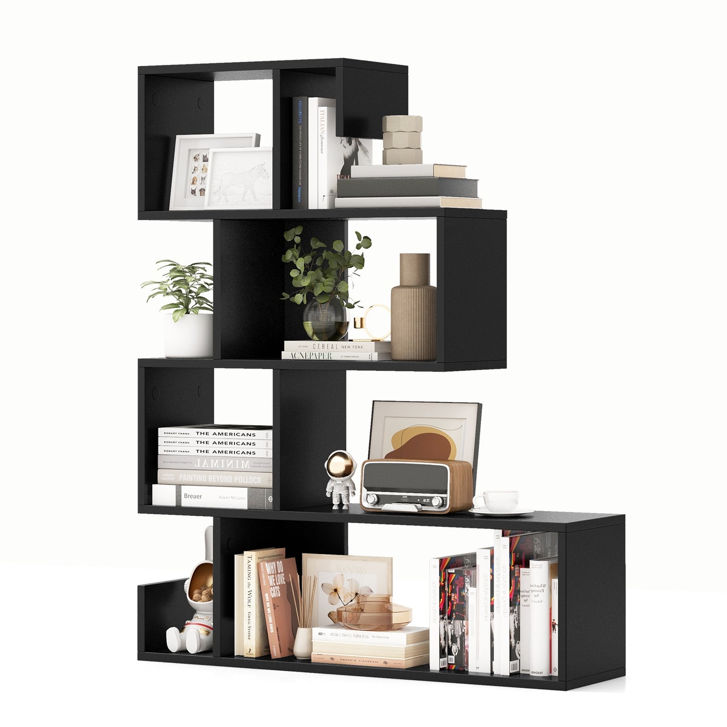 5-Tier S-Shaped Bookshelf Geometric Z-Shelf Bookcase with Open Cubes-Black Kids Crystal