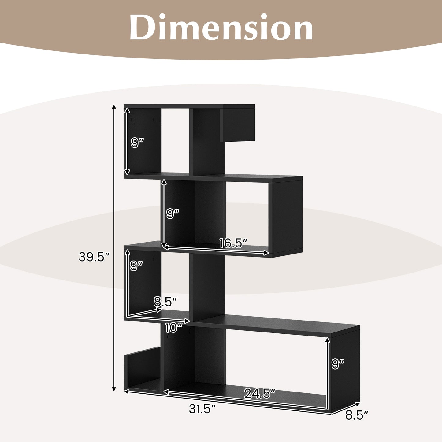 5-Tier S-Shaped Bookshelf Geometric Z-Shelf Bookcase with Open Cubes-Black Kids Crystal
