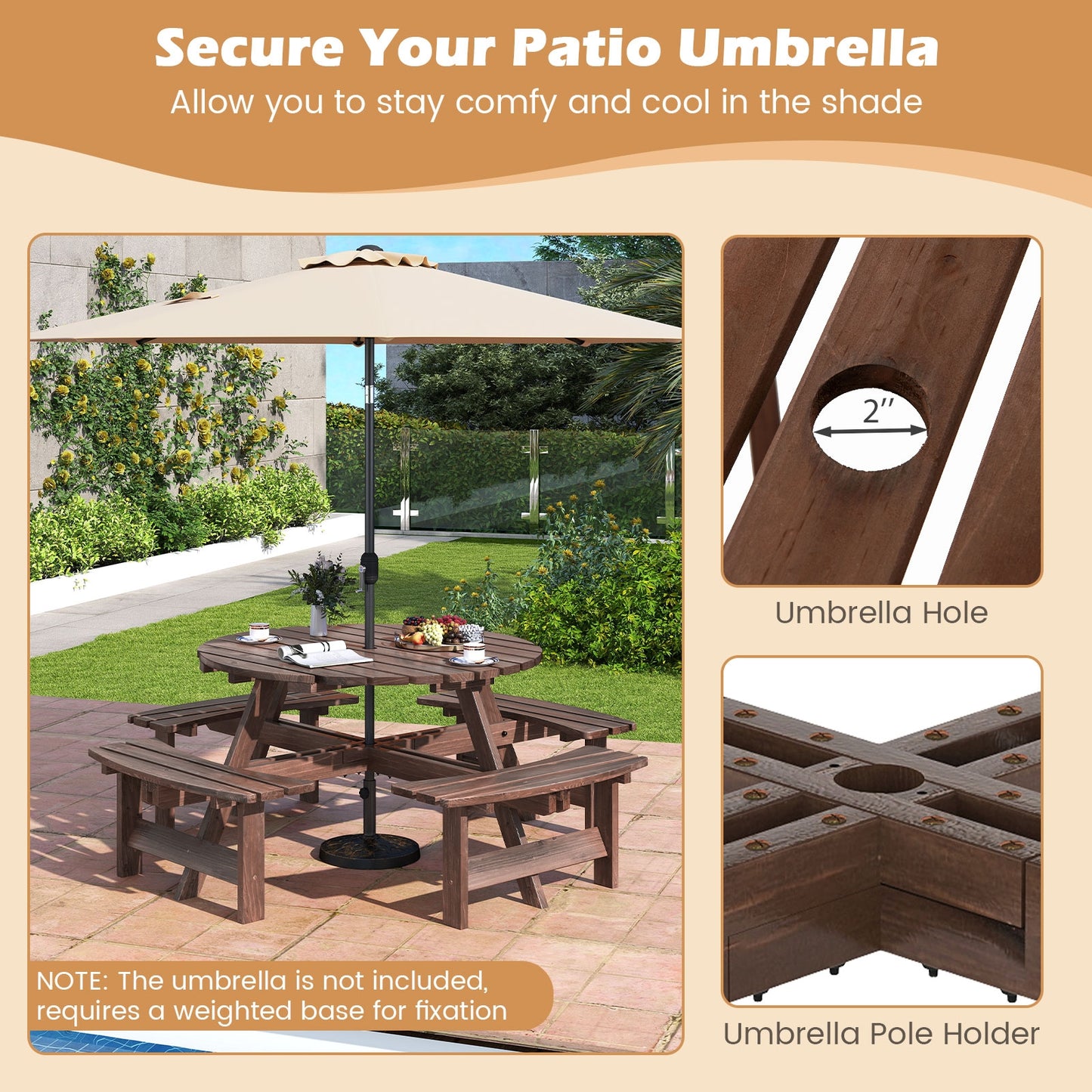 8-Person Round Picnic Table Set Circular Patio Dining Camping Table with Benches-Brown