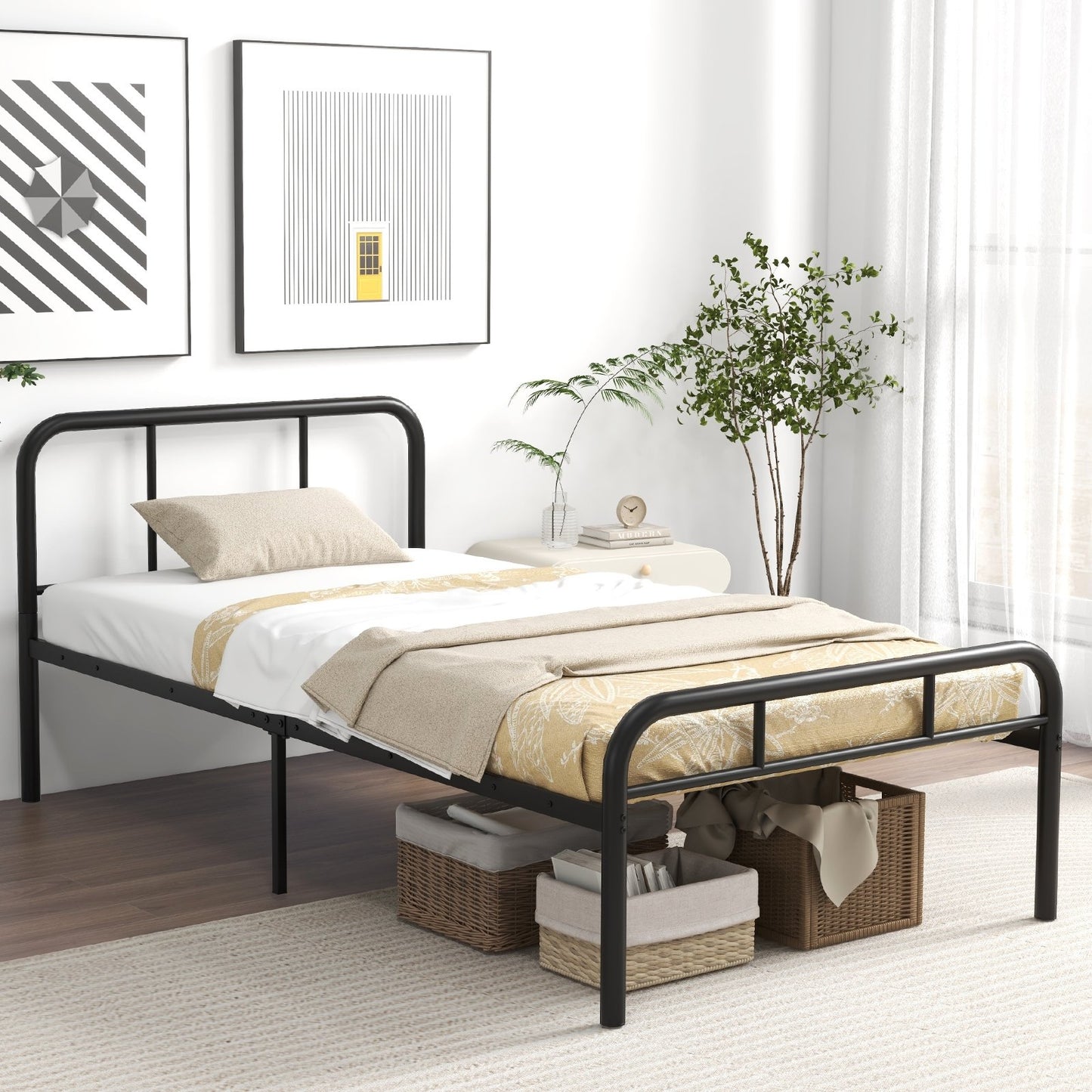 Modern Metal Platform Bed with Headboard and Footboard-Black Kids Crystal