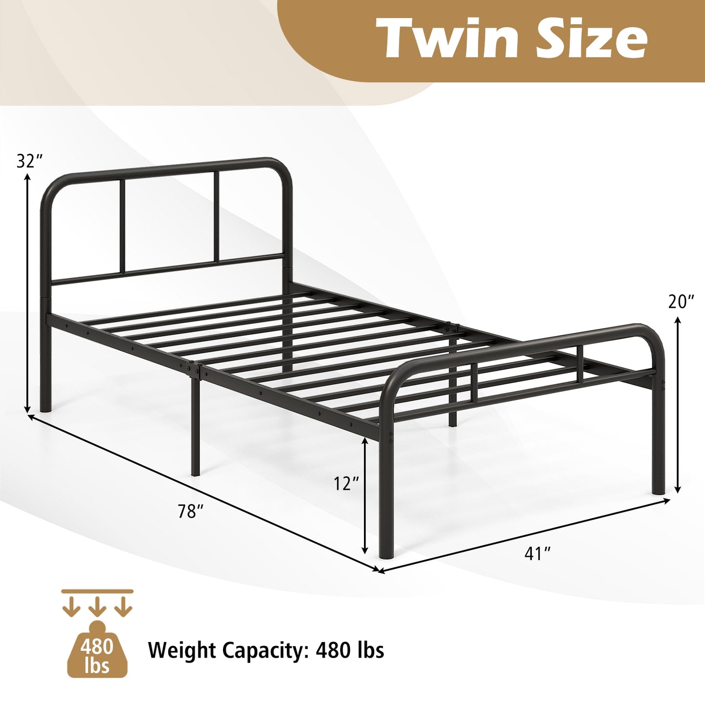 Modern Metal Platform Bed with Headboard and Footboard-Black Kids Crystal
