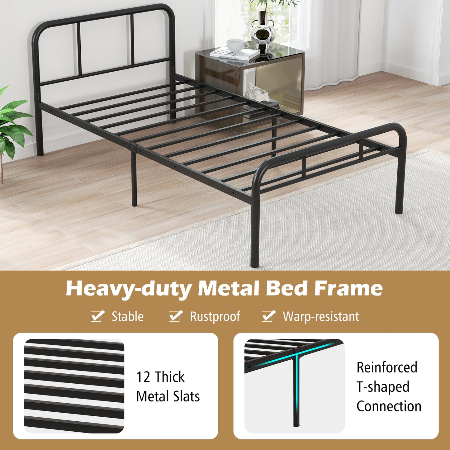 Modern Metal Platform Bed with Headboard and Footboard-Black Kids Crystal