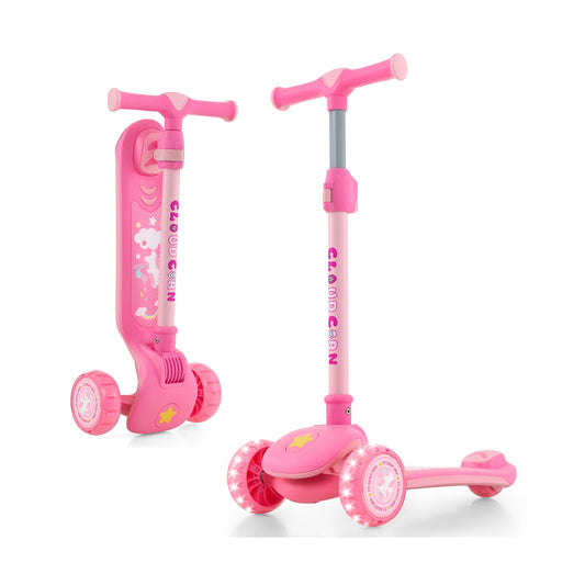 Folding Kids Scooter with Extra Wide Deck and LED Lighted PU Wheels-Pink Kids Crystal