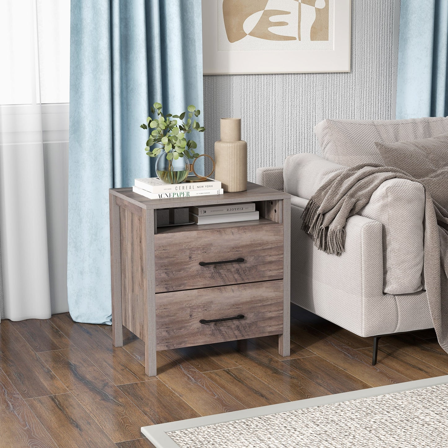 Nightstand with 2 Drawers Farmhouse Bed Side Table with Open Storage Shelf-Grey Kids Crystal