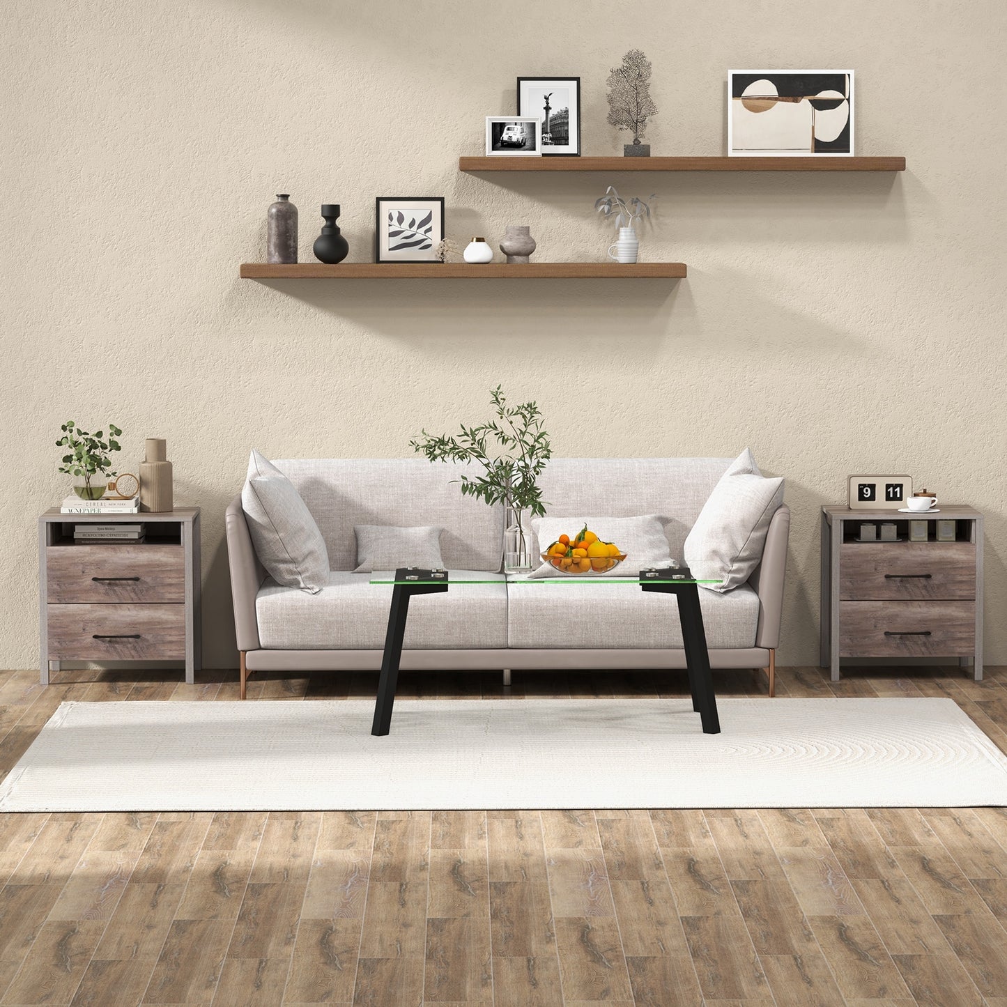 Nightstand with 2 Drawers Farmhouse Bed Side Table with Open Storage Shelf-Grey Kids Crystal