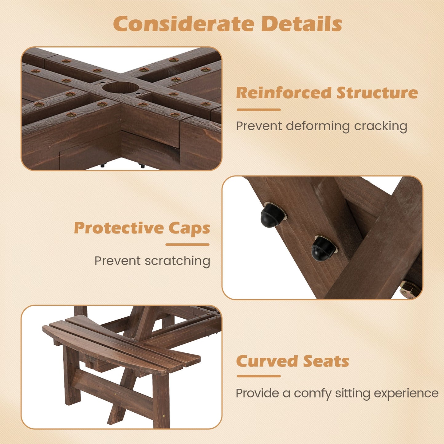 8-Person Round Picnic Table Set Circular Patio Dining Camping Table with Benches-Brown