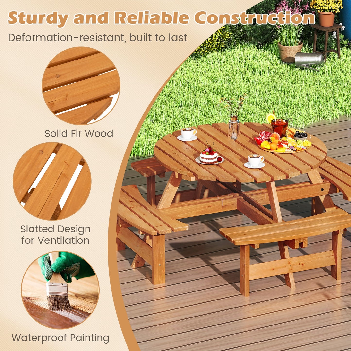 8-Person Round Picnic Table Set Circular Patio Dining Camping Table with Benches-Yellow Kids Crystal