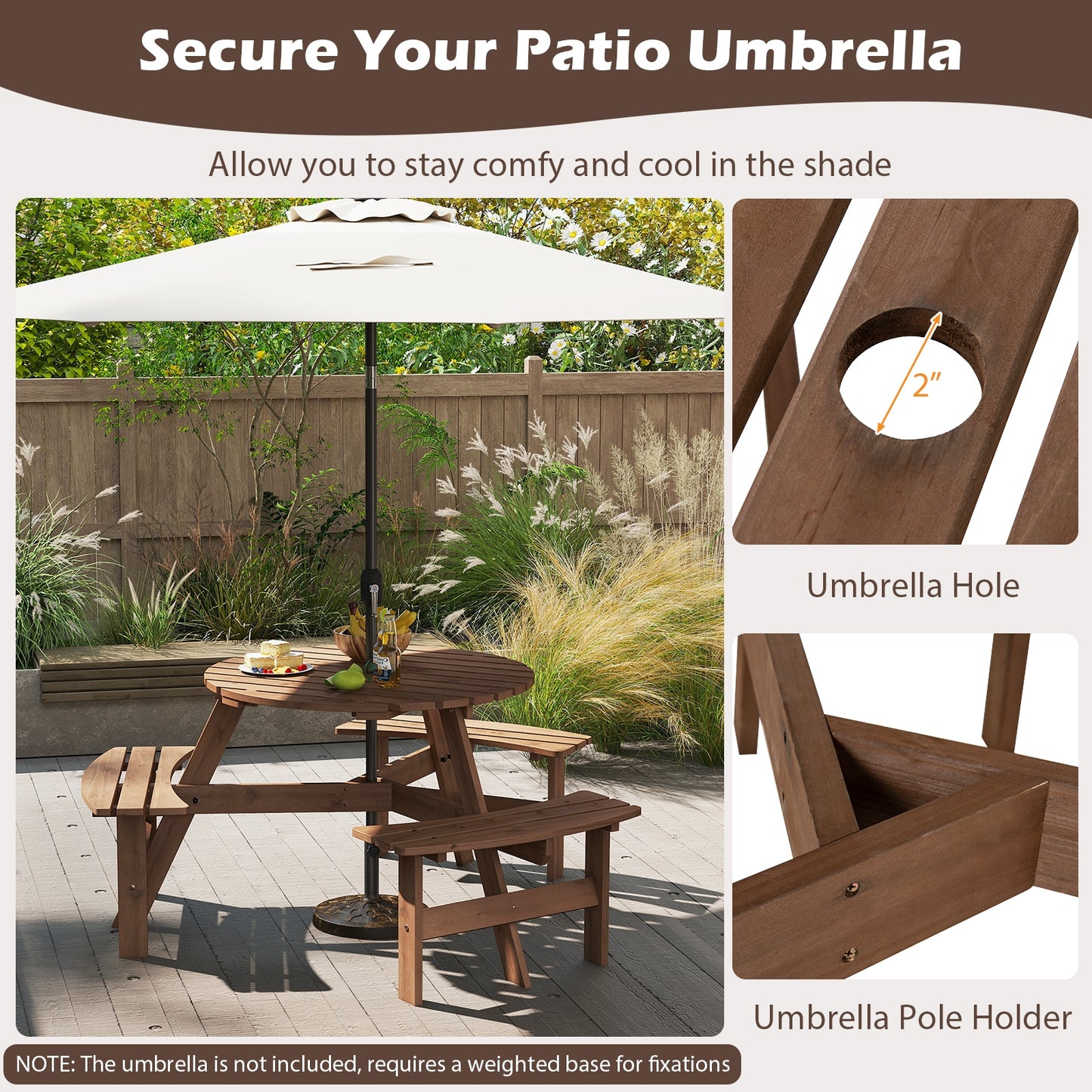 6-Person Round Picnic Table Set with 3 Built-in Benches and Umbrella Hole-Brown