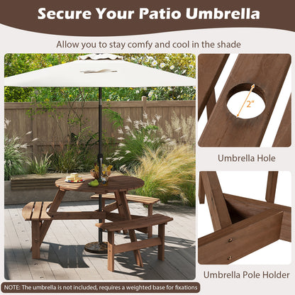 6-Person Round Picnic Table Set with 3 Built-in Benches and Umbrella Hole-Brown