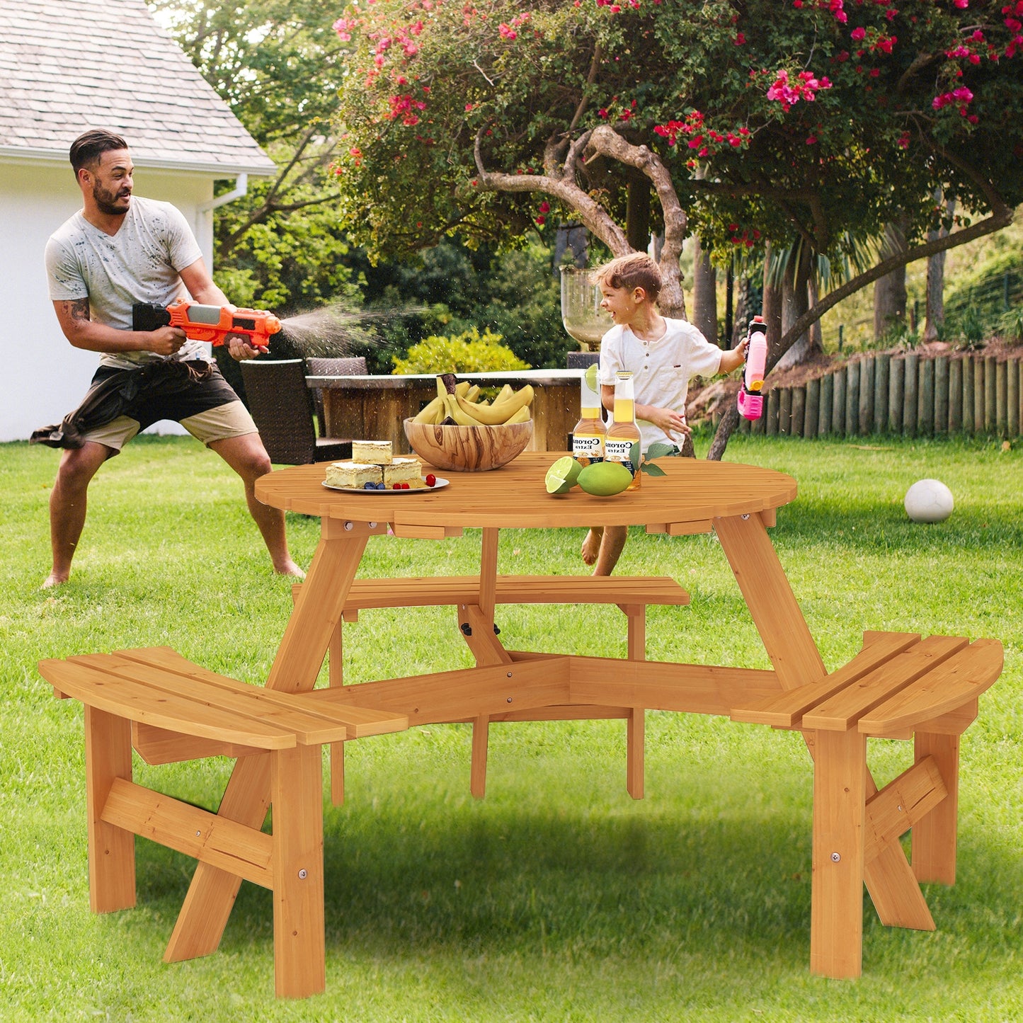 6-Person Round Picnic Table Set with 3 Built-in Benches and Umbrella Hole-Yellow