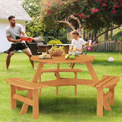 6-Person Round Picnic Table Set with 3 Built-in Benches and Umbrella Hole-Yellow