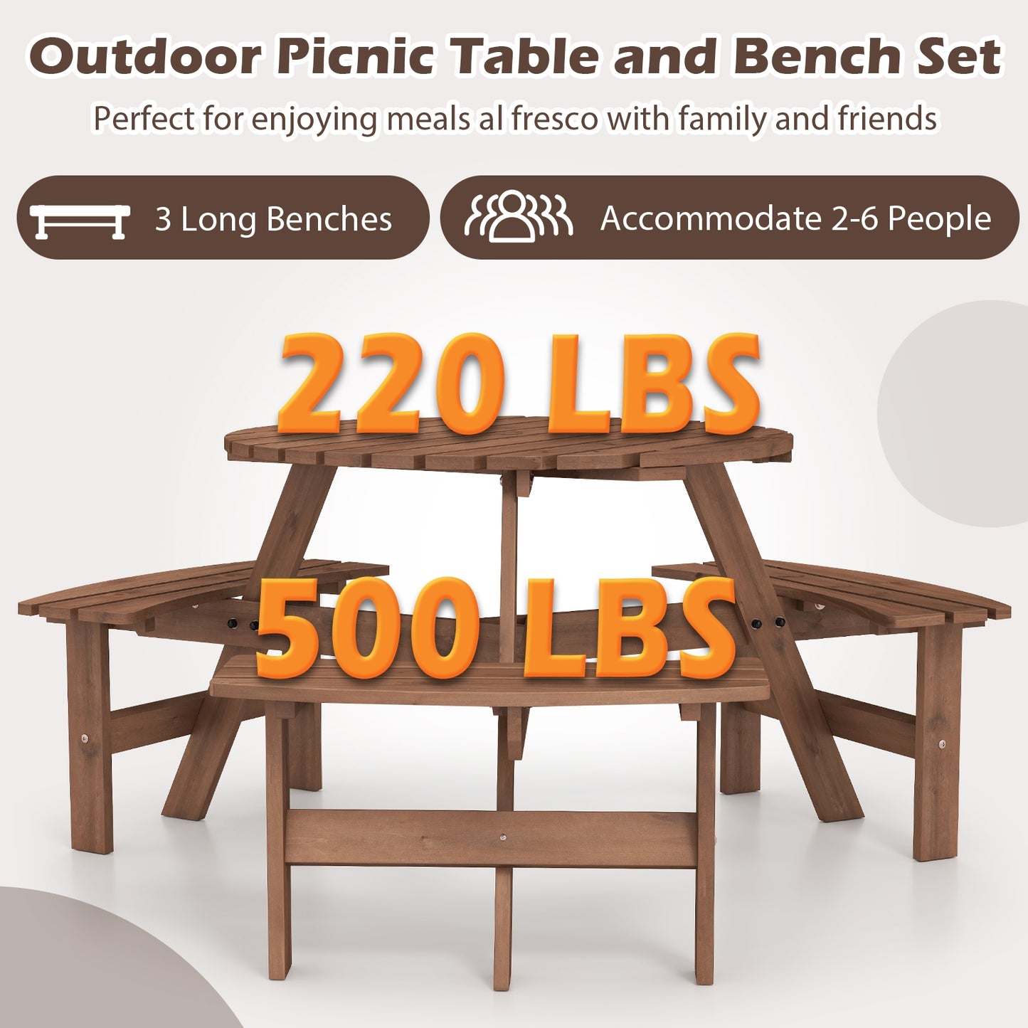 6-Person Round Picnic Table Set with 3 Built-in Benches and Umbrella Hole-Brown