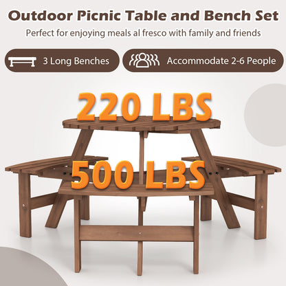 6-Person Round Picnic Table Set with 3 Built-in Benches and Umbrella Hole-Brown
