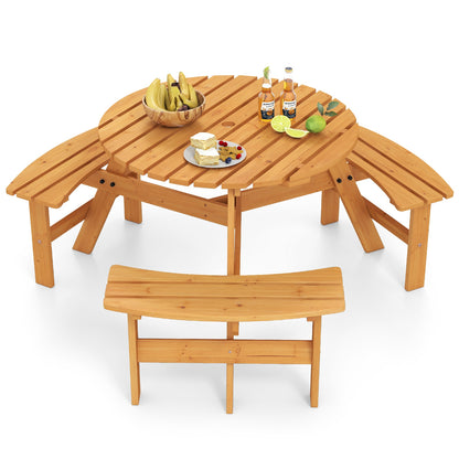 6-Person Round Picnic Table Set with 3 Built-in Benches and Umbrella Hole-Yellow