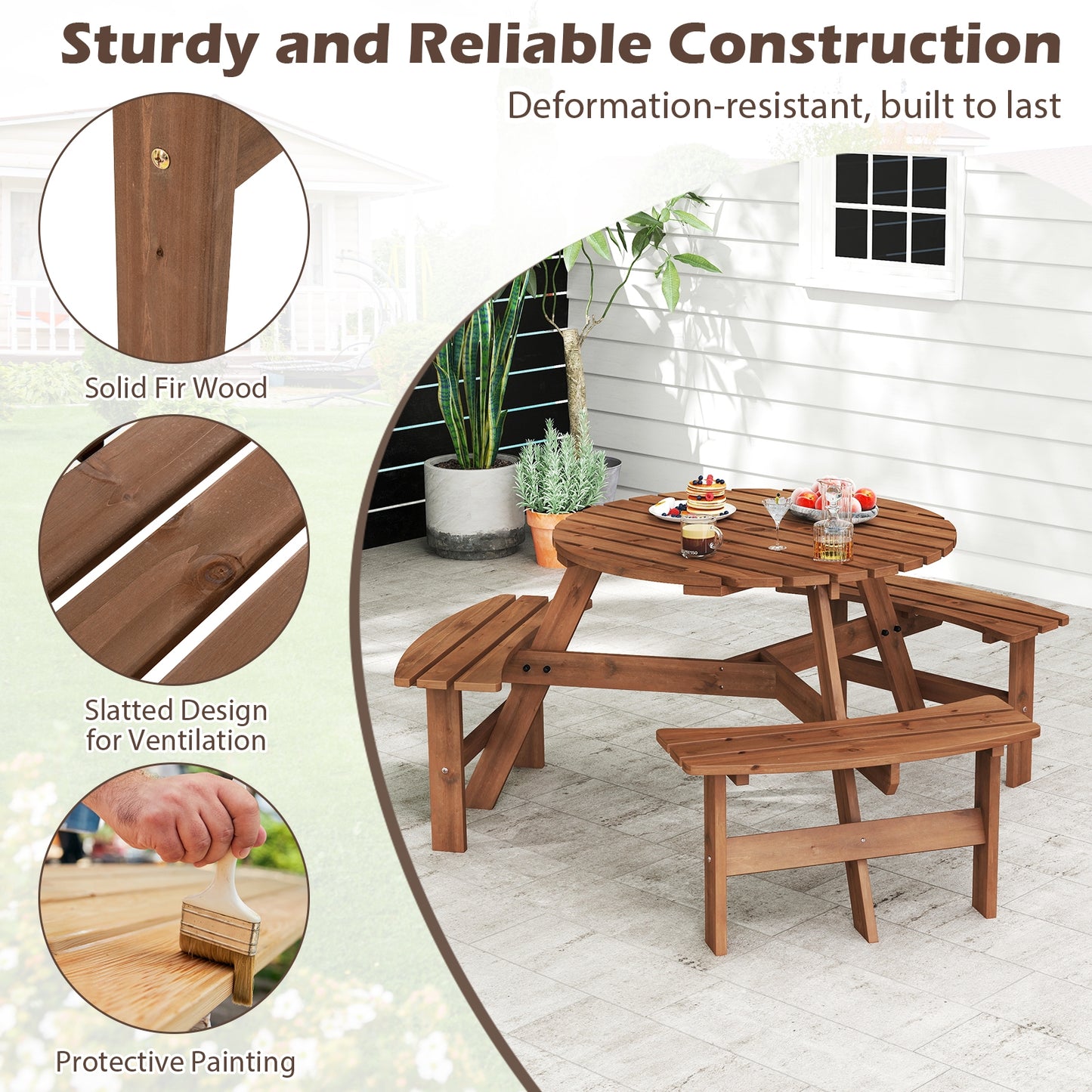 6-Person Round Picnic Table Set with 3 Built-in Benches and Umbrella Hole-Brown