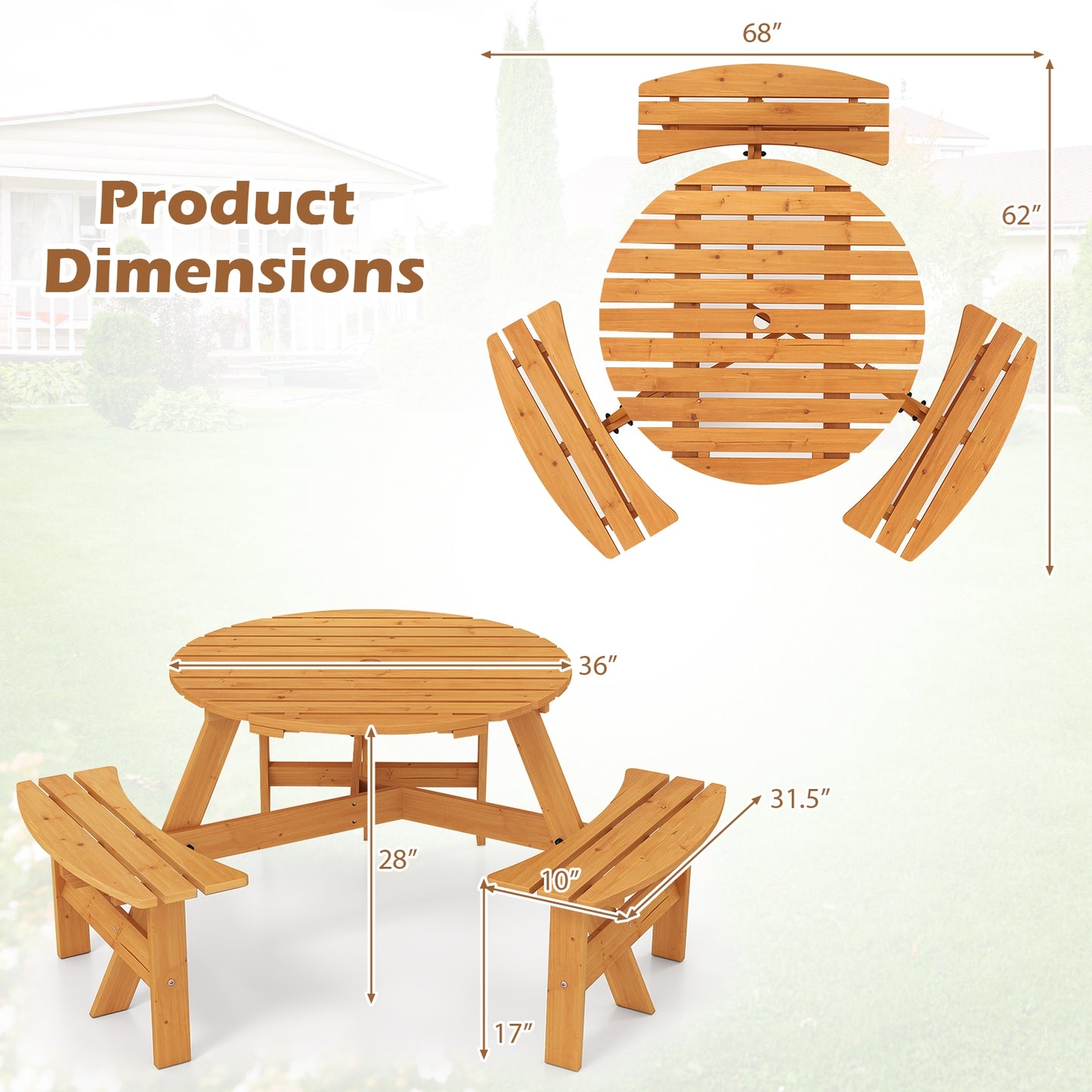 6-Person Round Picnic Table Set with 3 Built-in Benches and Umbrella Hole-Yellow