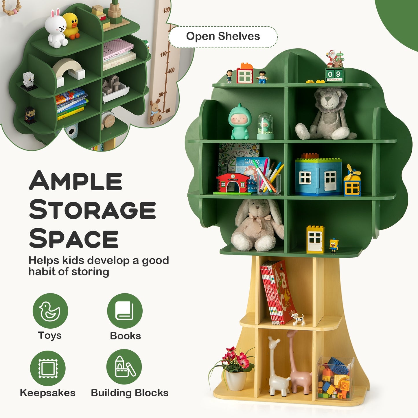 6-Tier Kids Bookcase Shelf Toy Storage Organizer with Open Storage Shelves-Green Kids Crystal
