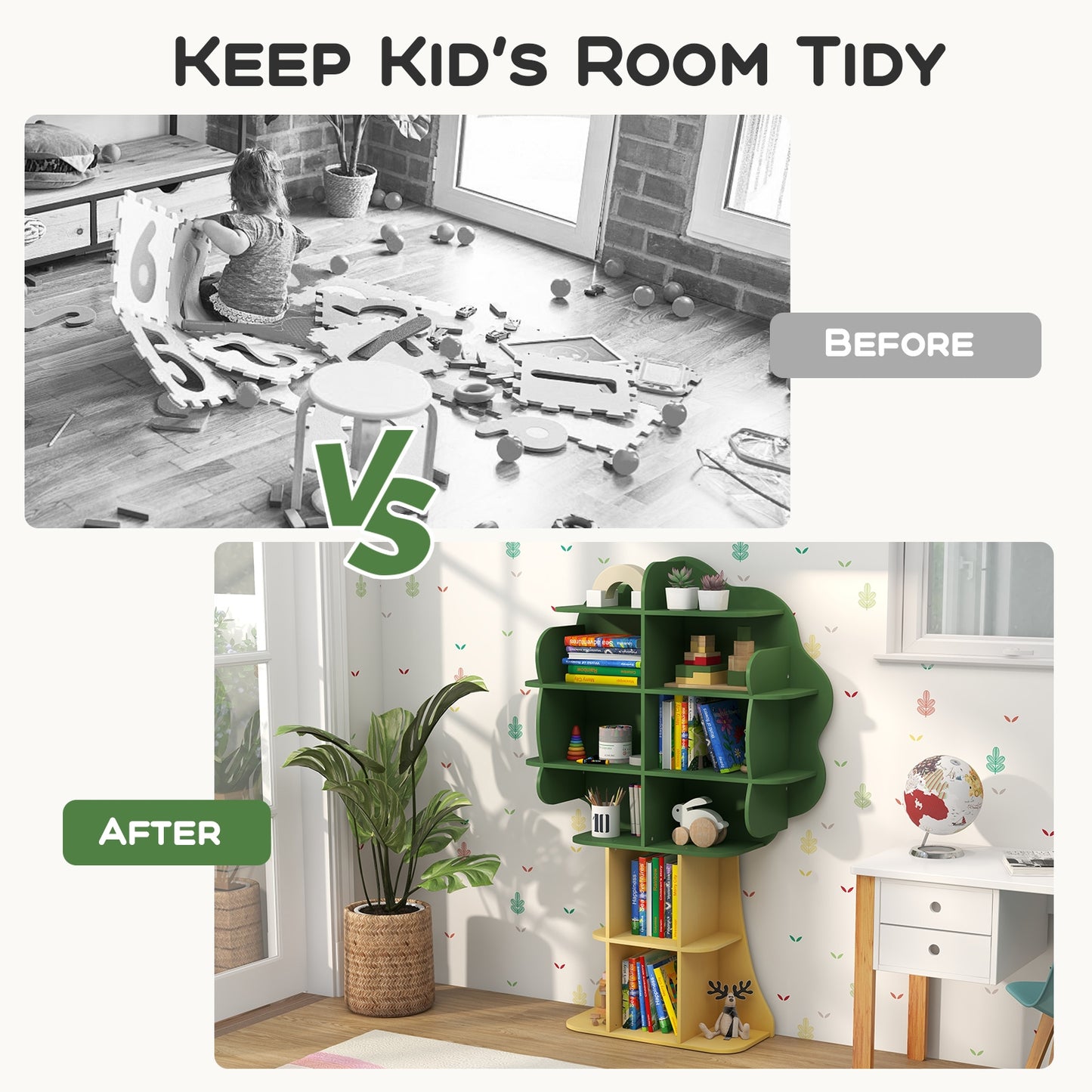 6-Tier Kids Bookcase Shelf Toy Storage Organizer with Open Storage Shelves-Green Kids Crystal