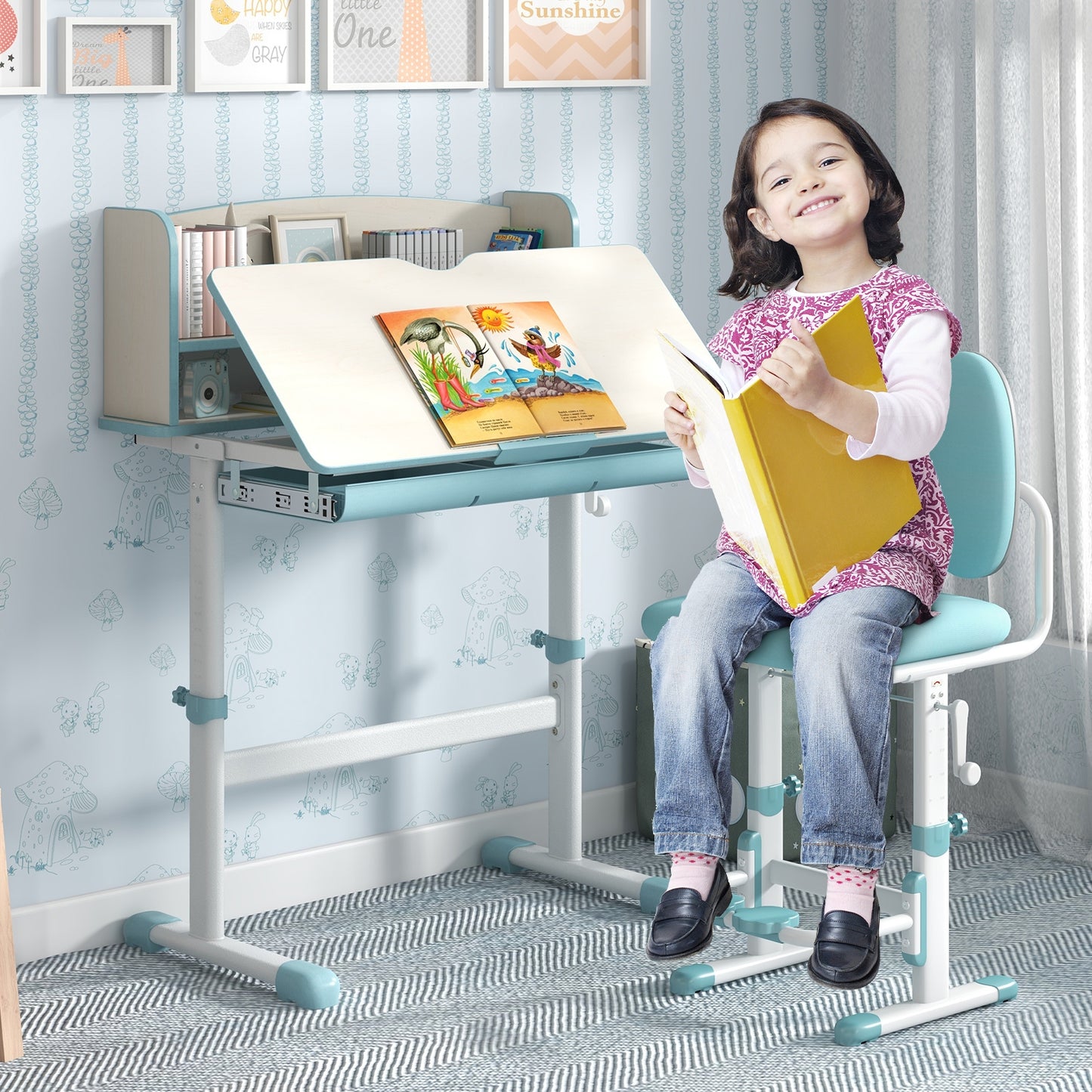 Height Adjustable Kids Study Desk with Tilt Desktop-Blue Kids Crystal