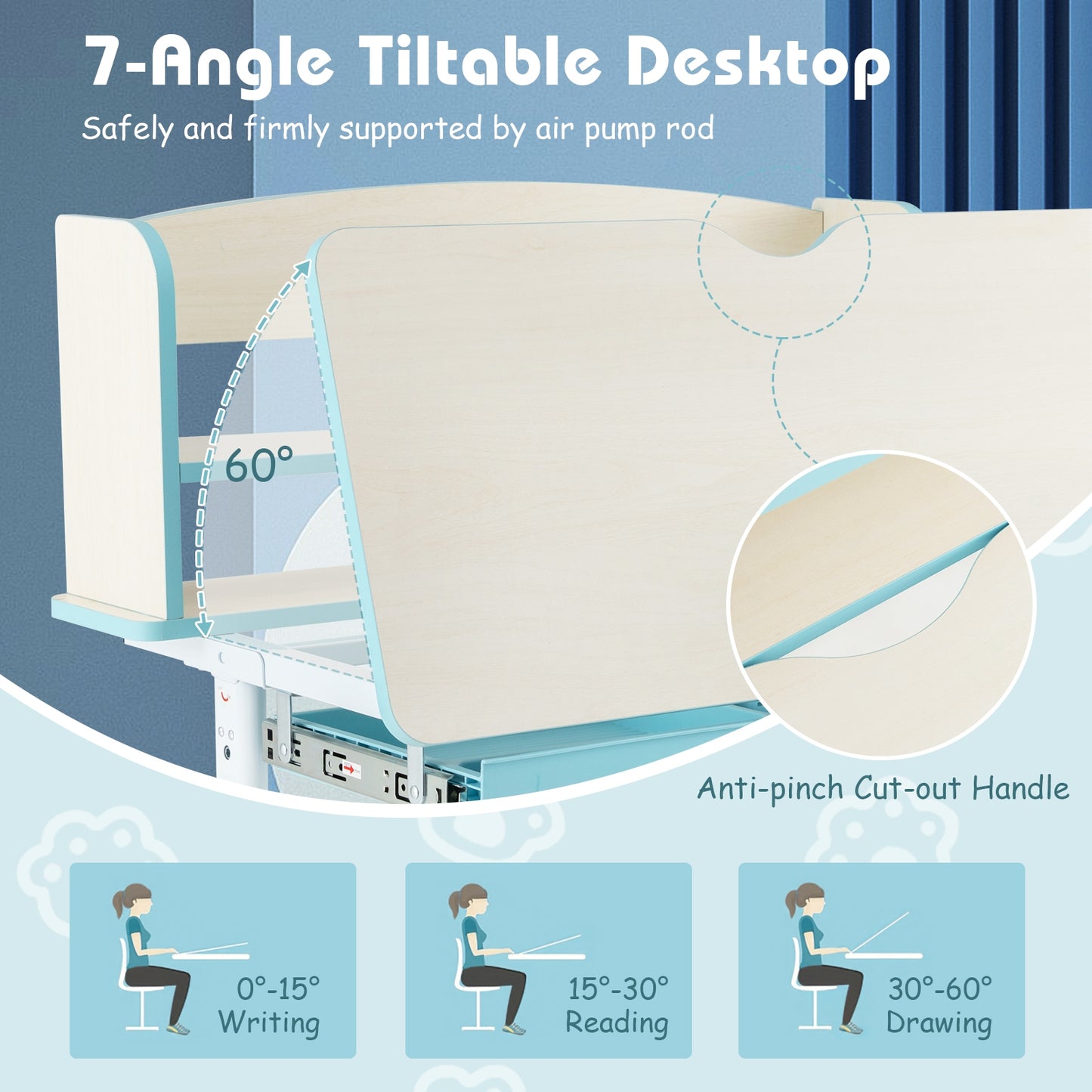 Height Adjustable Kids Study Desk with Tilt Desktop-Blue Kids Crystal