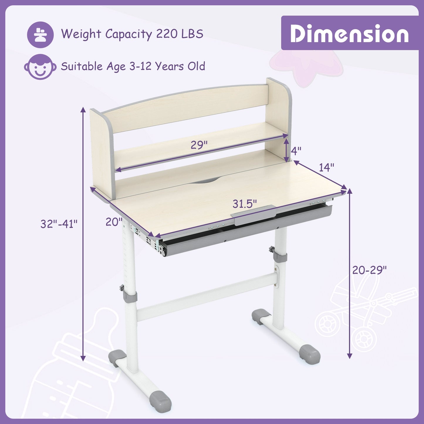 Height Adjustable Kids Study Desk with Tilt Desktop-Gray Kids Crystal