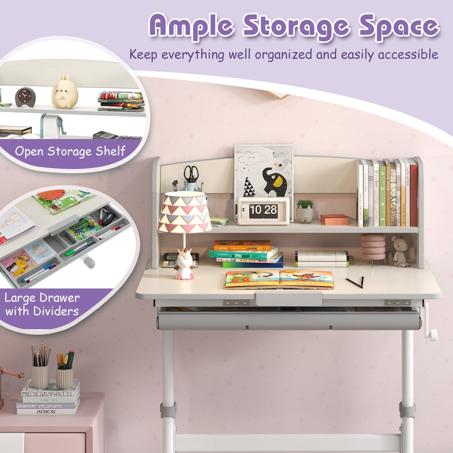 Height Adjustable Kids Study Desk with Tilt Desktop-Gray Kids Crystal