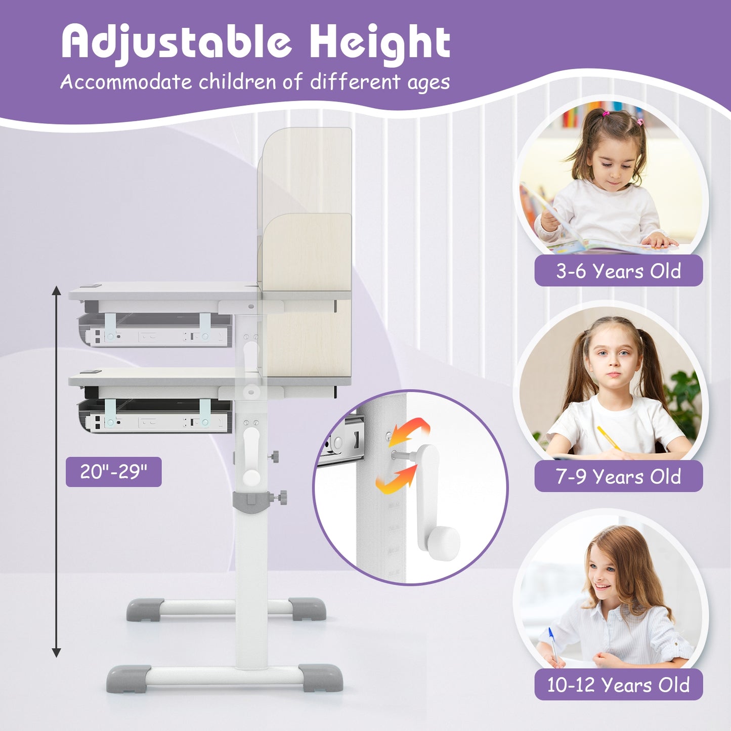 Height Adjustable Kids Study Desk with Tilt Desktop-Gray Kids Crystal
