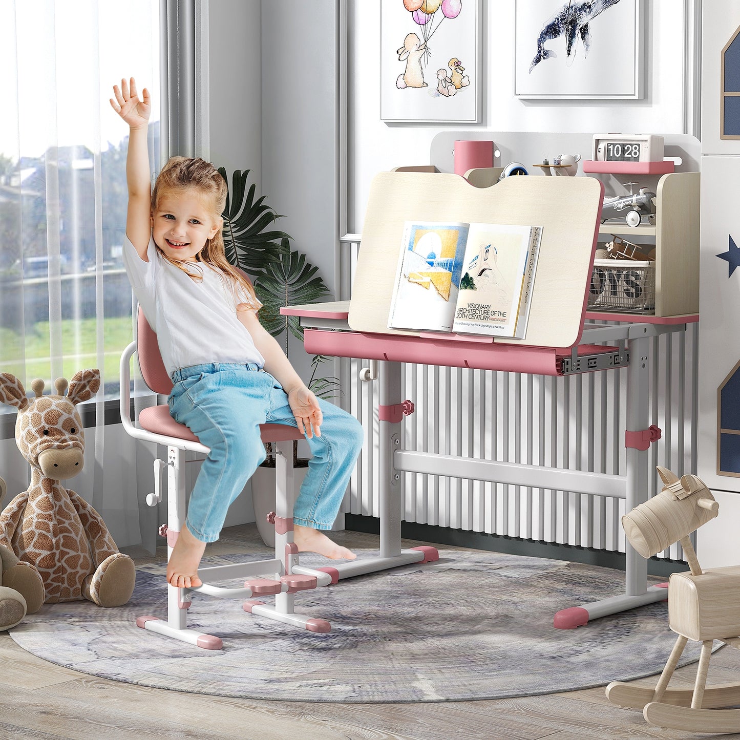 Height Adjustable Kids Study Desk with Tilt Desktop for 3-12 Years Old-Pink Kids Crystal
