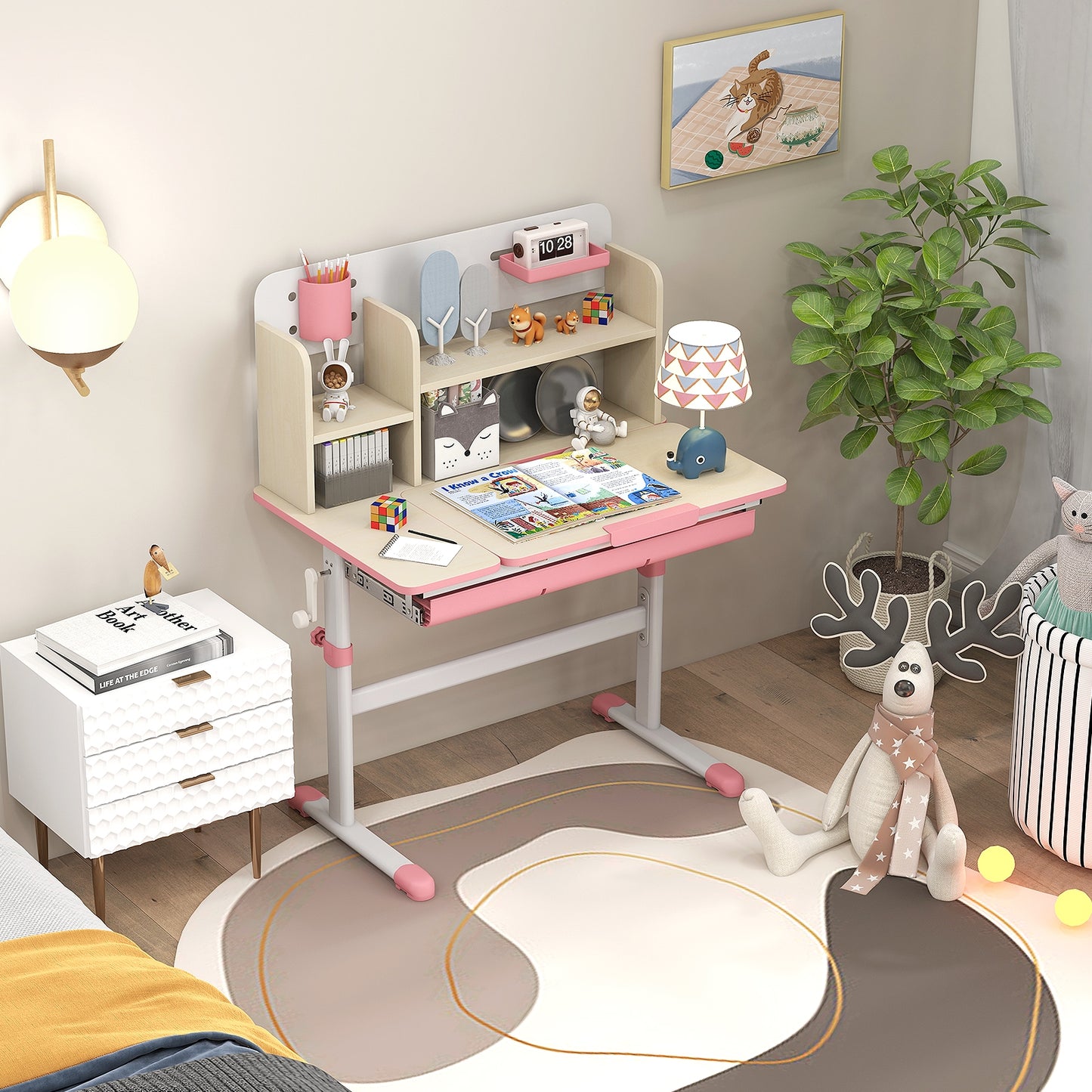 Height Adjustable Kids Study Desk with Tilt Desktop for 3-12 Years Old-Pink Kids Crystal