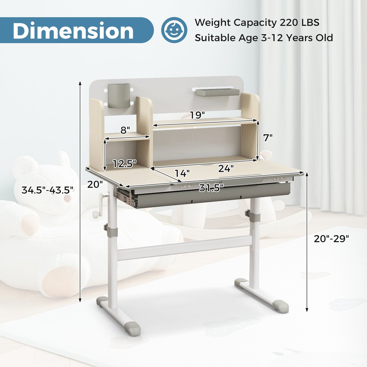 Height Adjustable Kids Study Desk with Tilt Desktop for 3-12 Years Old-Gray Kids Crystal