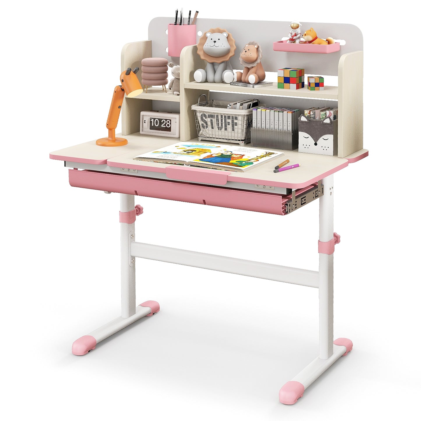 Height Adjustable Kids Study Desk with Tilt Desktop for 3-12 Years Old-Pink Kids Crystal