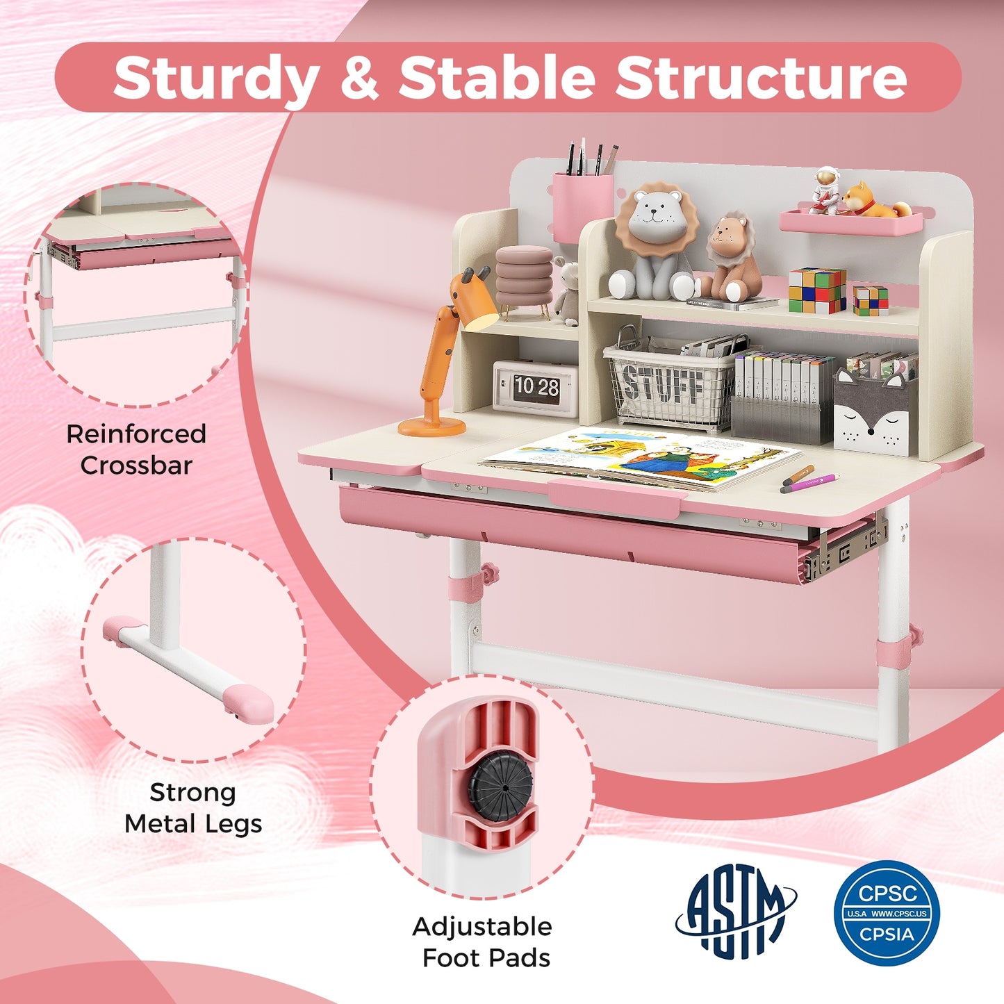 Height Adjustable Kids Study Desk with Tilt Desktop for 3-12 Years Old-Pink Kids Crystal
