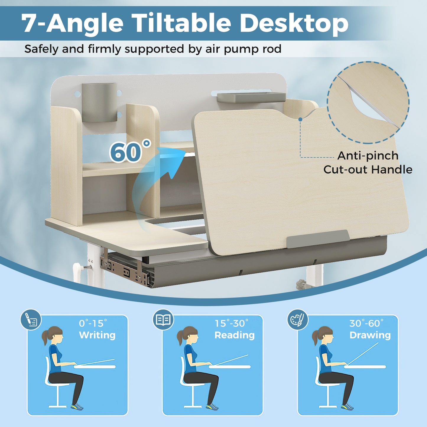 Height Adjustable Kids Study Desk with Tilt Desktop for 3-12 Years Old-Gray Kids Crystal