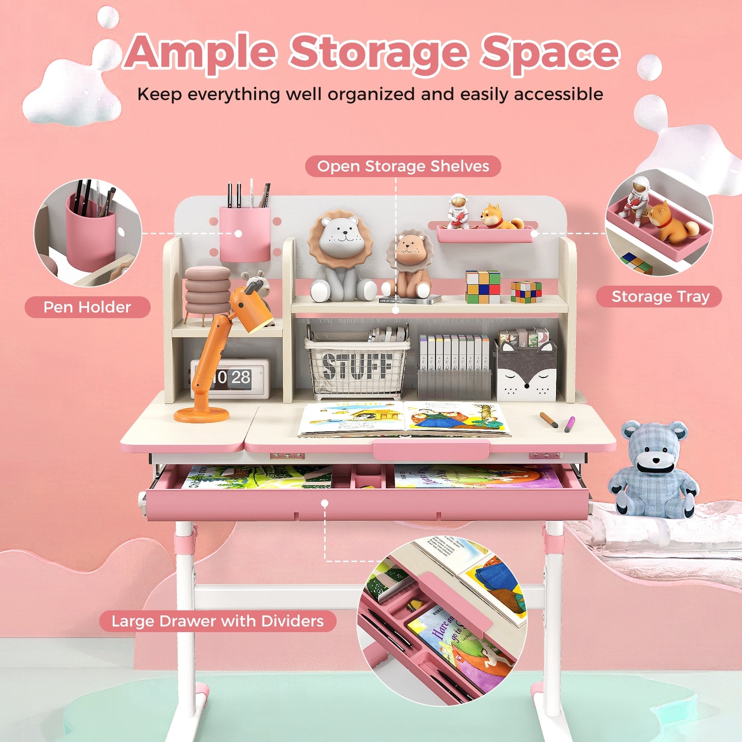 Height Adjustable Kids Study Desk with Tilt Desktop for 3-12 Years Old-Pink Kids Crystal