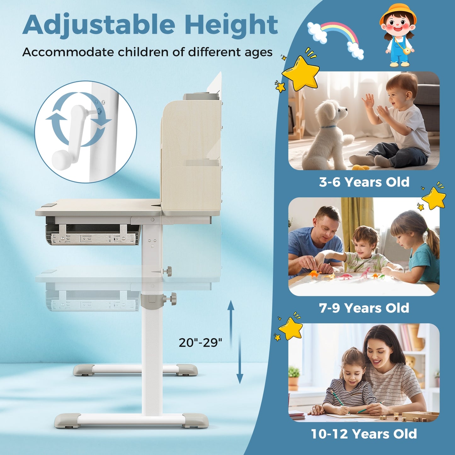 Height Adjustable Kids Study Desk with Tilt Desktop for 3-12 Years Old-Gray Kids Crystal