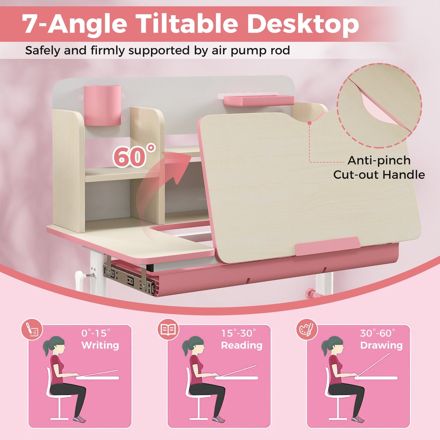 Height Adjustable Kids Study Desk with Tilt Desktop for 3-12 Years Old-Pink Kids Crystal